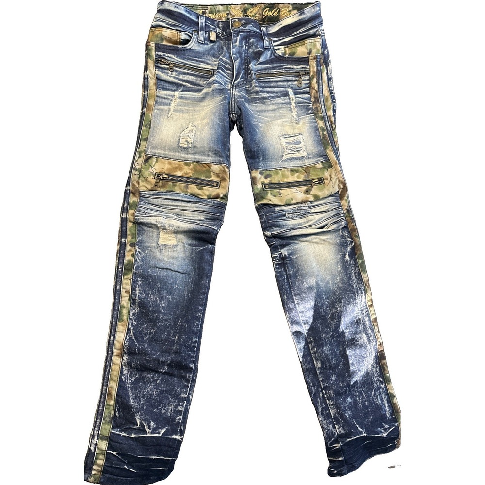 Robin's Jean Raptor Camo Skinny Taper Jeans Cargo Multi-Pocket Blue Gold Size 30